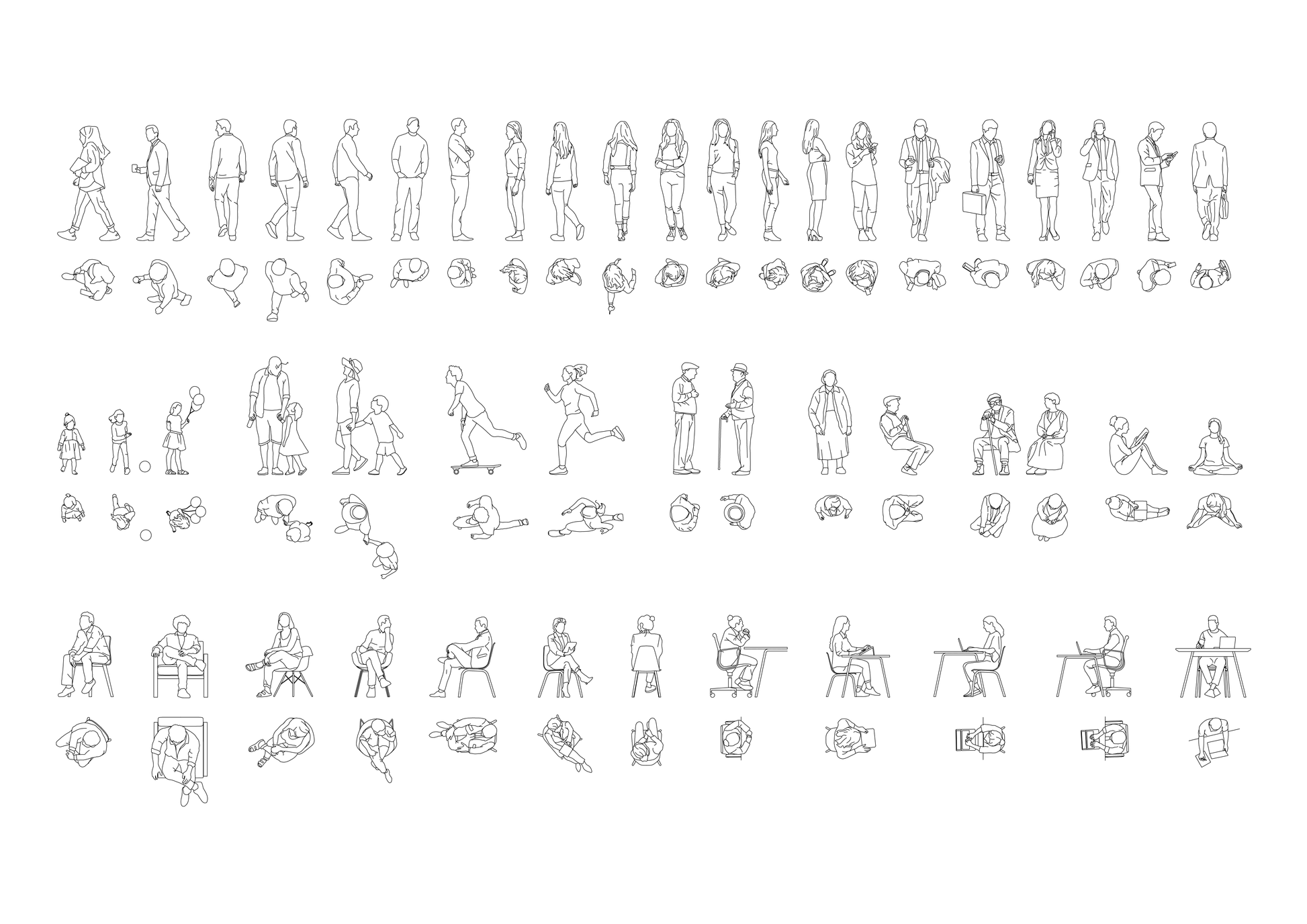 50 dwg cad blocks of people in plan and elevation