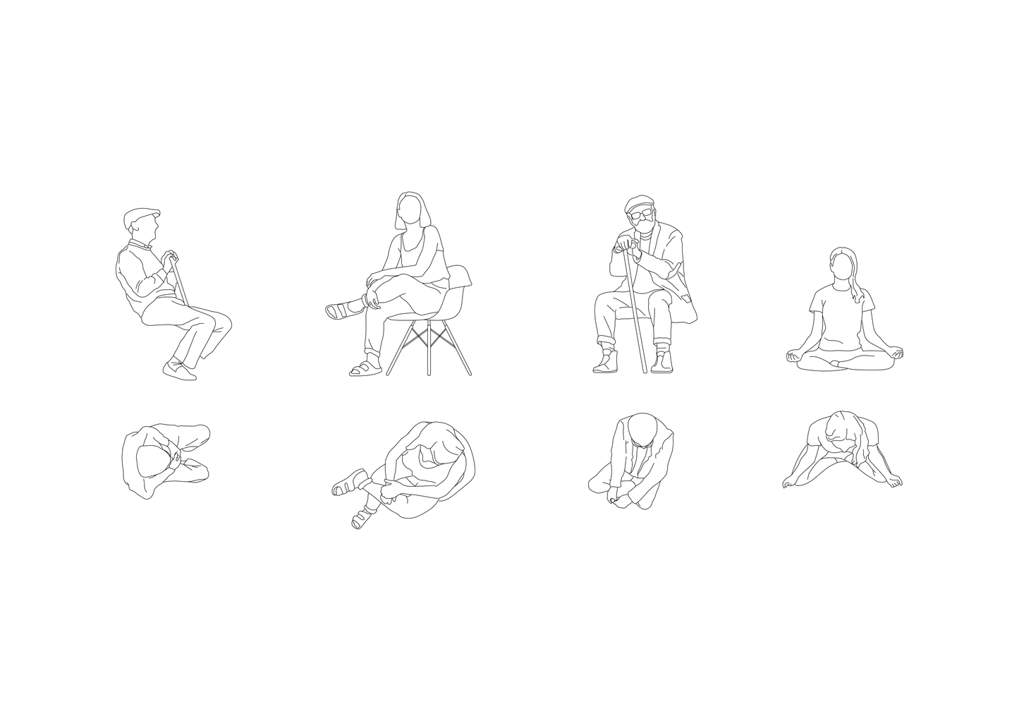 four cad blocks of seated people in plan and elevation