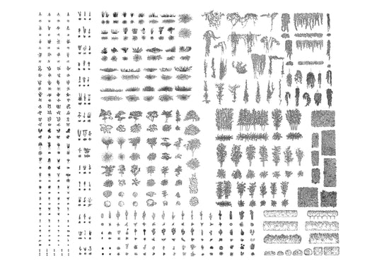 cad drawings of three-hundred outdoor and indoor plants in plan and elevation. Black and white drawing.