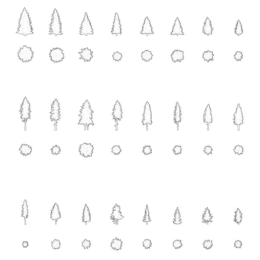 Cad drawing of twenty-four pine trees silhouettes. Black and white