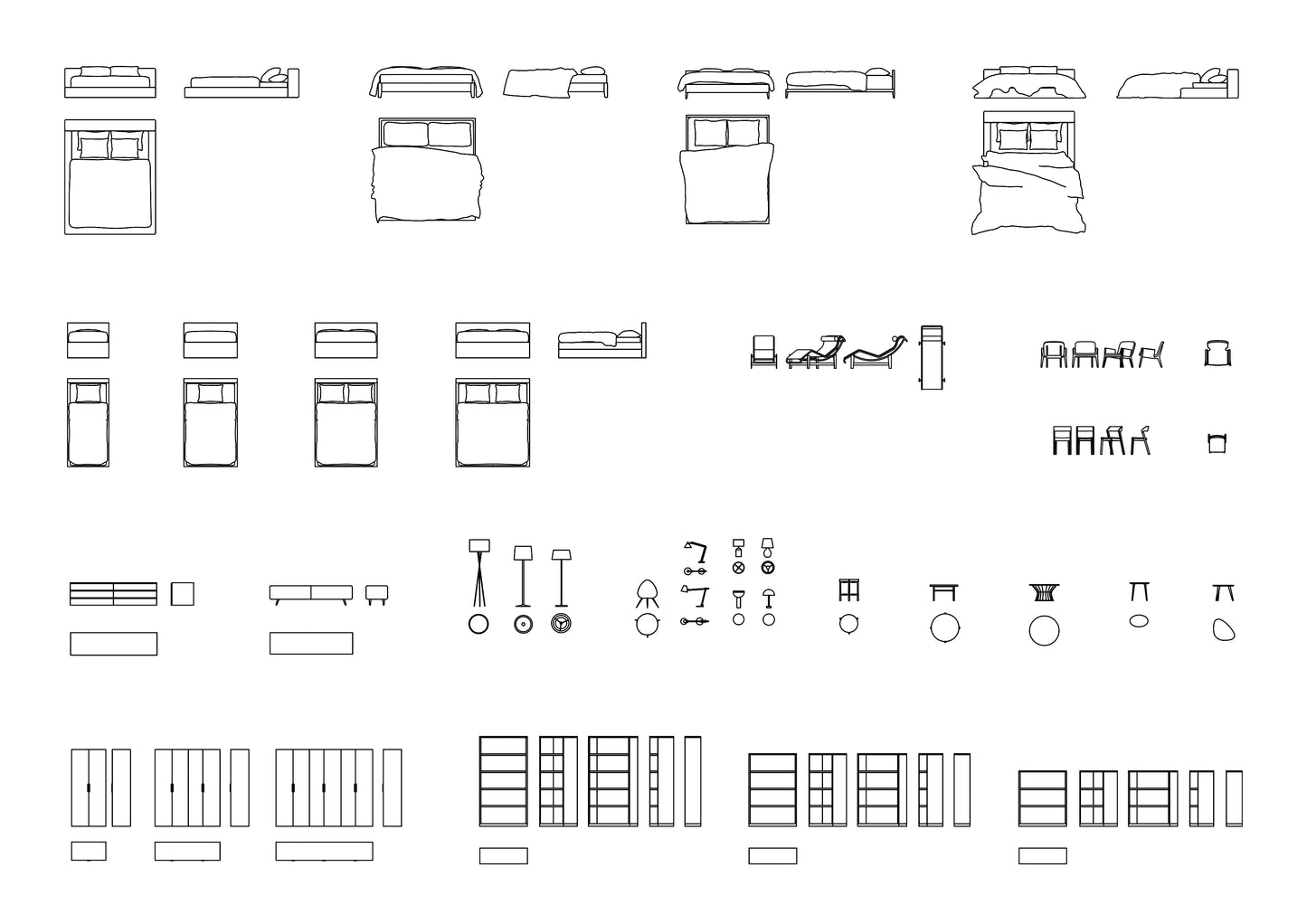 Bedroom Furniture DWG CAD Blocks in Plan and Elevation (75 Pieces)
