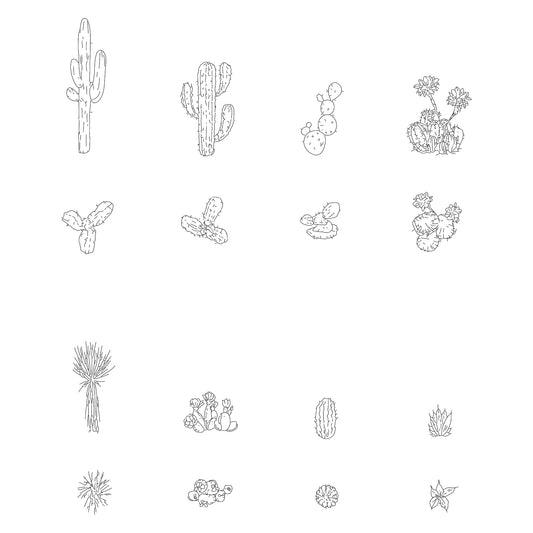 Eight CAD cactus and desert plants in plan and elevation. Black and White.