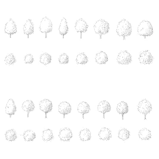 Sixteen CAD deciduous trees in plan and elevation. Black and White.