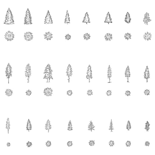 Twenty-four CAD pine trees in plan and elevation. Black and White.
