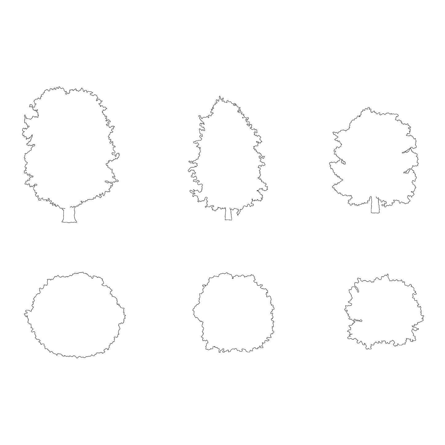 Three CAD deciduous trees silhouettes in plan and elevation, less detailed. Black and White.