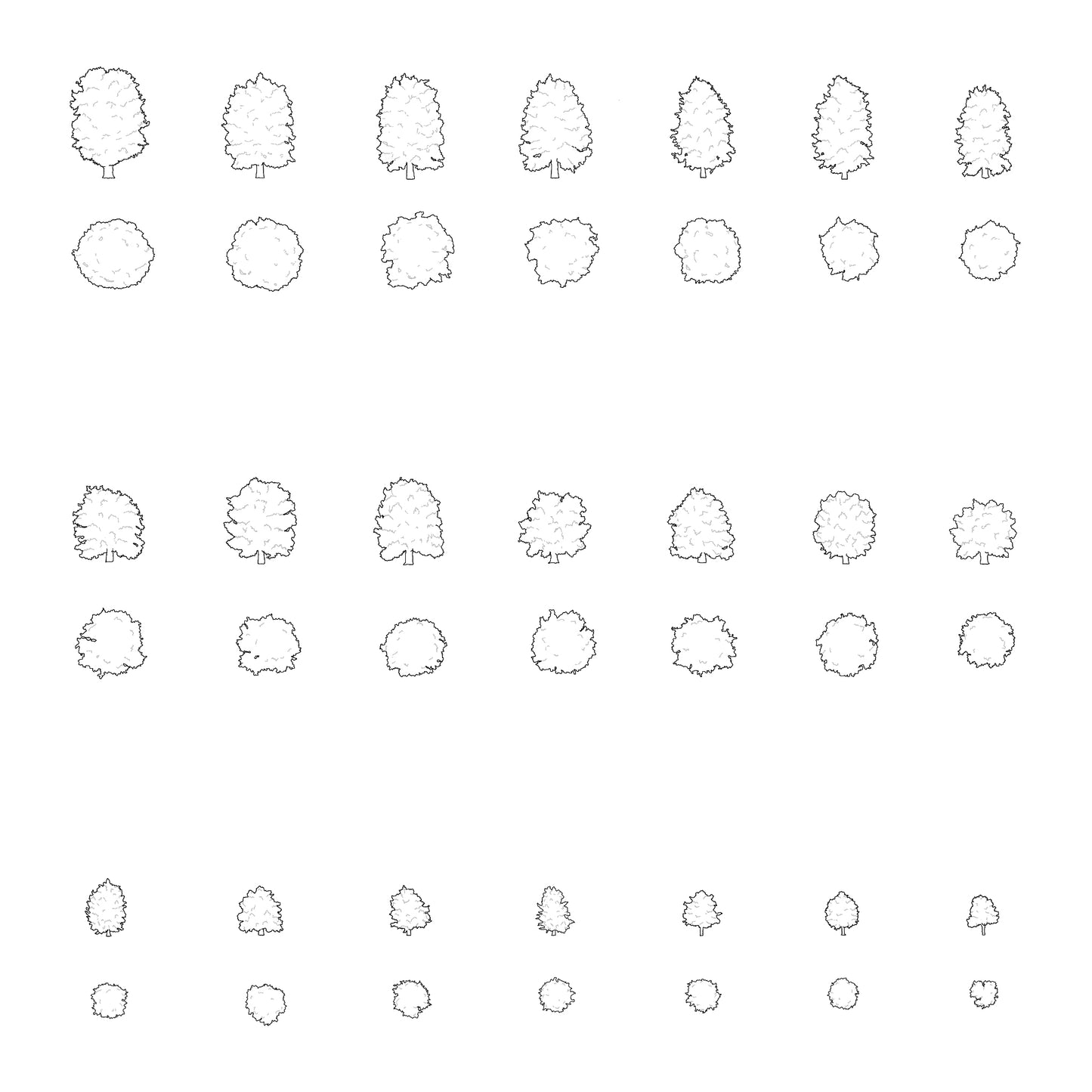 Twenty CAD deciduous trees silhouettes in plan and elevation. Black and White.
