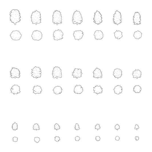 Twenty CAD deciduous trees silhouettes in plan and elevation. Black and White.