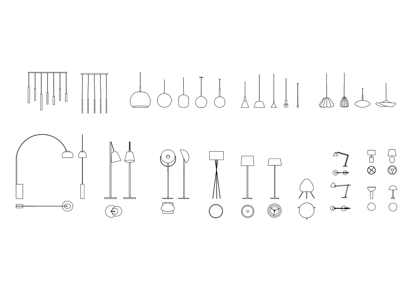 Lamps, Chandeliers and Lighting DWG CAD Blocks in Plan and Elevation
