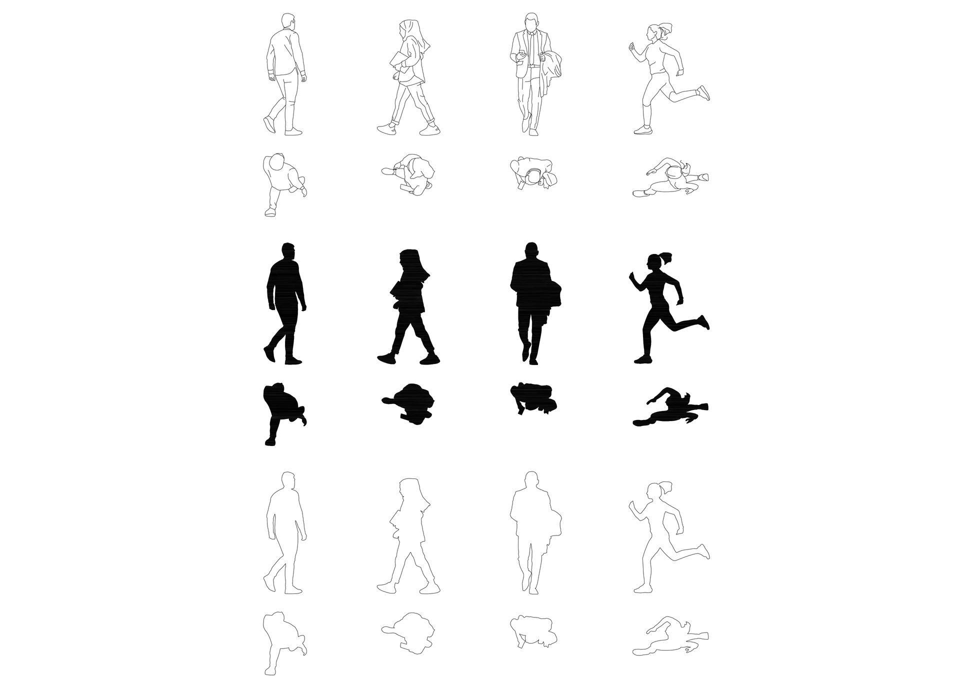 four cad blocks of people divided different styles of detail