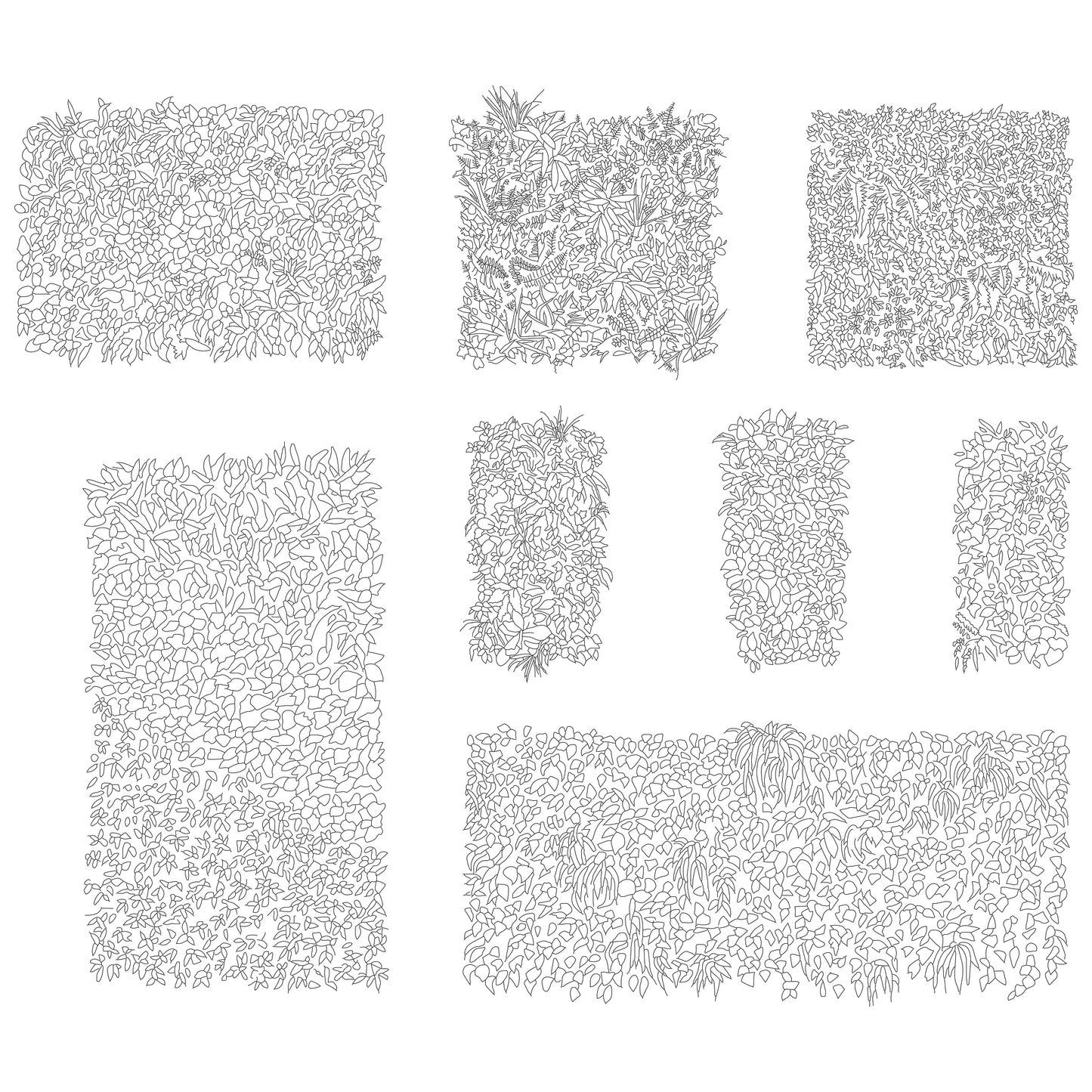 Eight CAD indoor and outdoor Green Walls in elevation. Black and White.