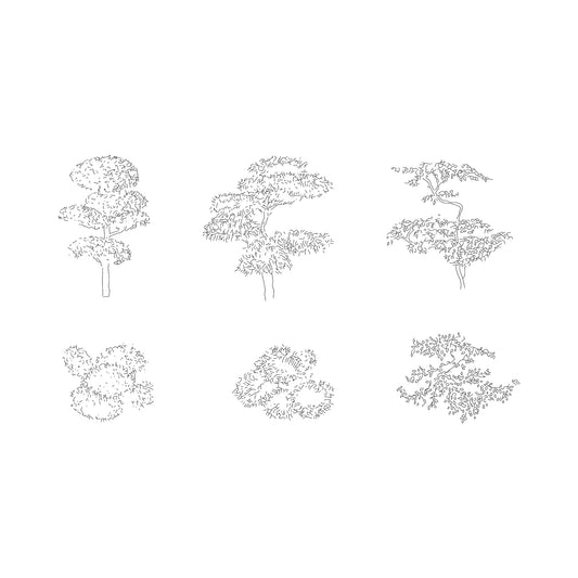 CAD drawings of three japanese plants in plan and elevation. Black and white