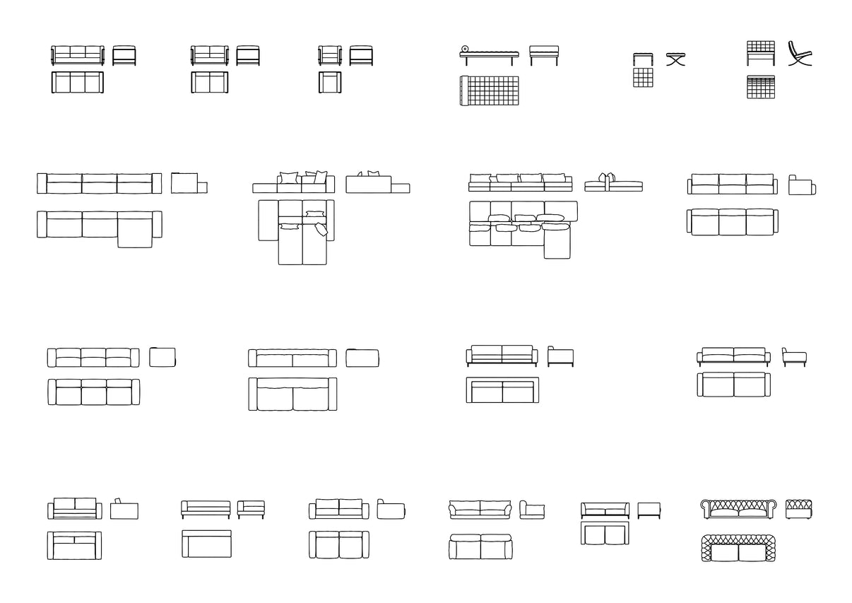 Living Room Furniture DWG CAD Blocks in Plan and Elevation (150 Pieces