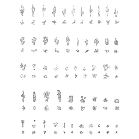 Fifty CAD cactus and desert plants in plan and elevation. Black and White.
