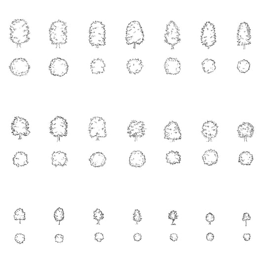 Twenty CAD deciduous trees in plan and elevation. Black and White.