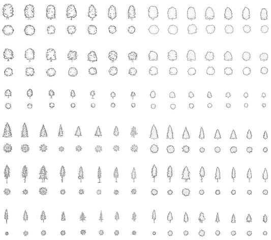 one-hundred cad drawings of deciduous trees and pine trees in plan and elevation. Black e white.